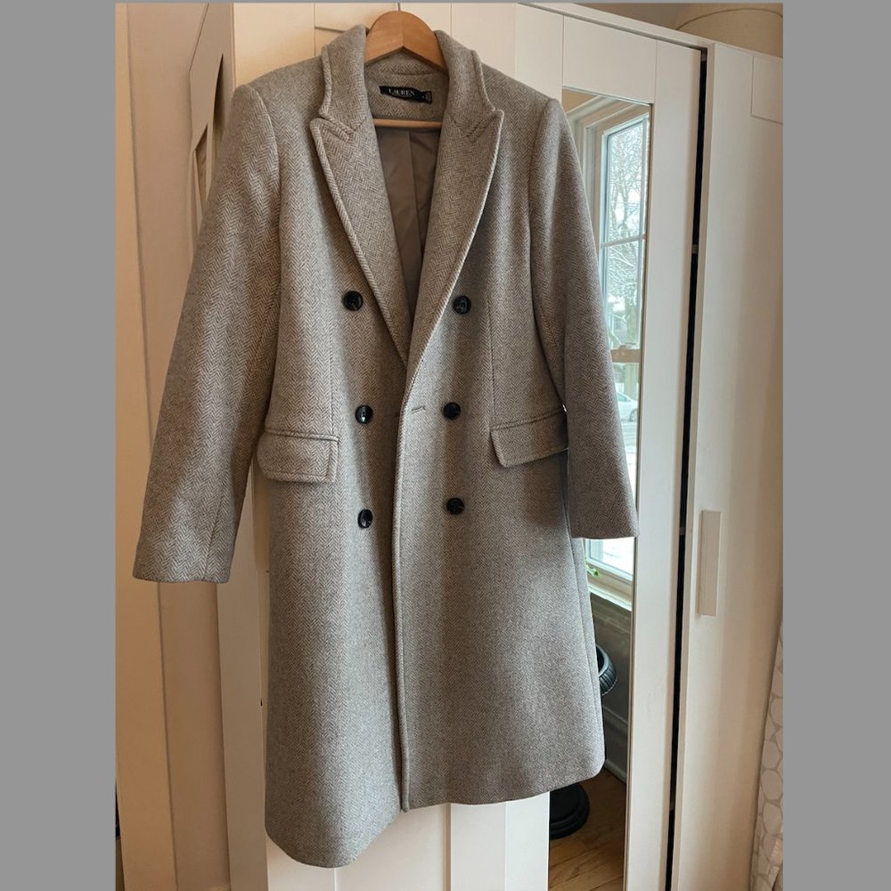 Lauren Ralph Lauren Herringbone Double-Breasted Wool Blend Coat 6 (grey)